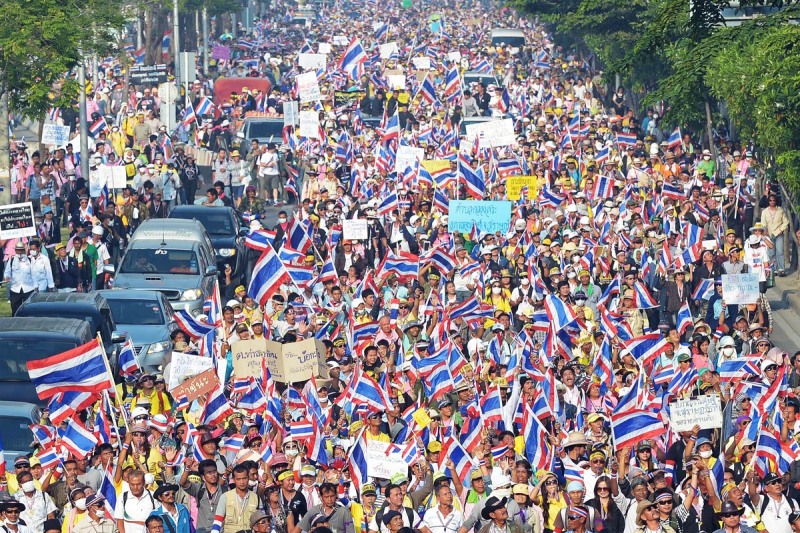 Scene of Thai protest 2013-2014.  Copyright: AFP/Getty Images/Pornchai Kittiwongsakul